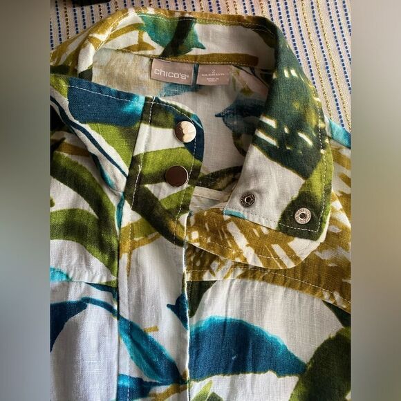 Chico's Linen Matching Set Size 2R  L Tropical Print Jacket And Straight Pants - Picture 10 of 16